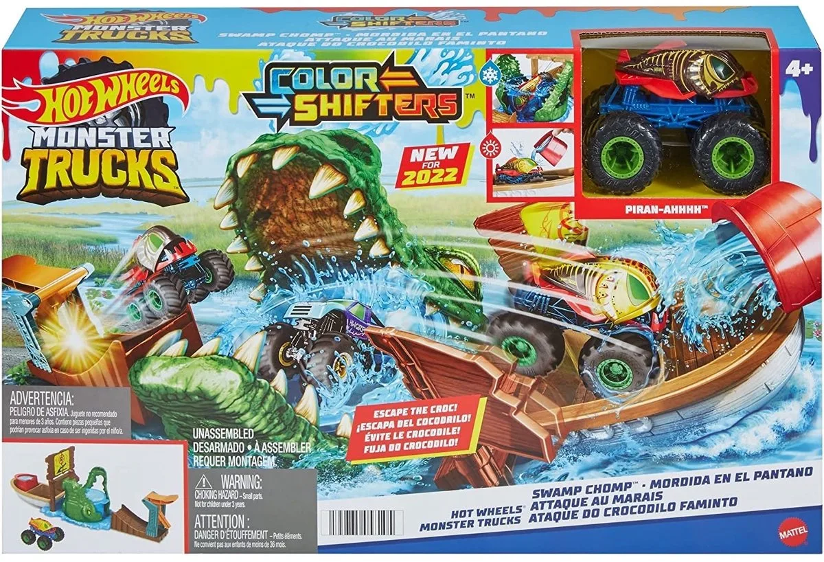 Monstertrucks Color Shifters Racebaan - Hongerig Moeras Krokodil Aanval van Hot Wheels in Meerkleurig – productfoto
