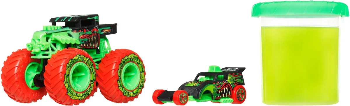 Monstertrucks Gemuteerde Chaos speelgoedtruck, metalen auto en 113,5 gram Slime (stijlen kunnen variëren) från Hot Wheels i Flerfärgad – produktbild