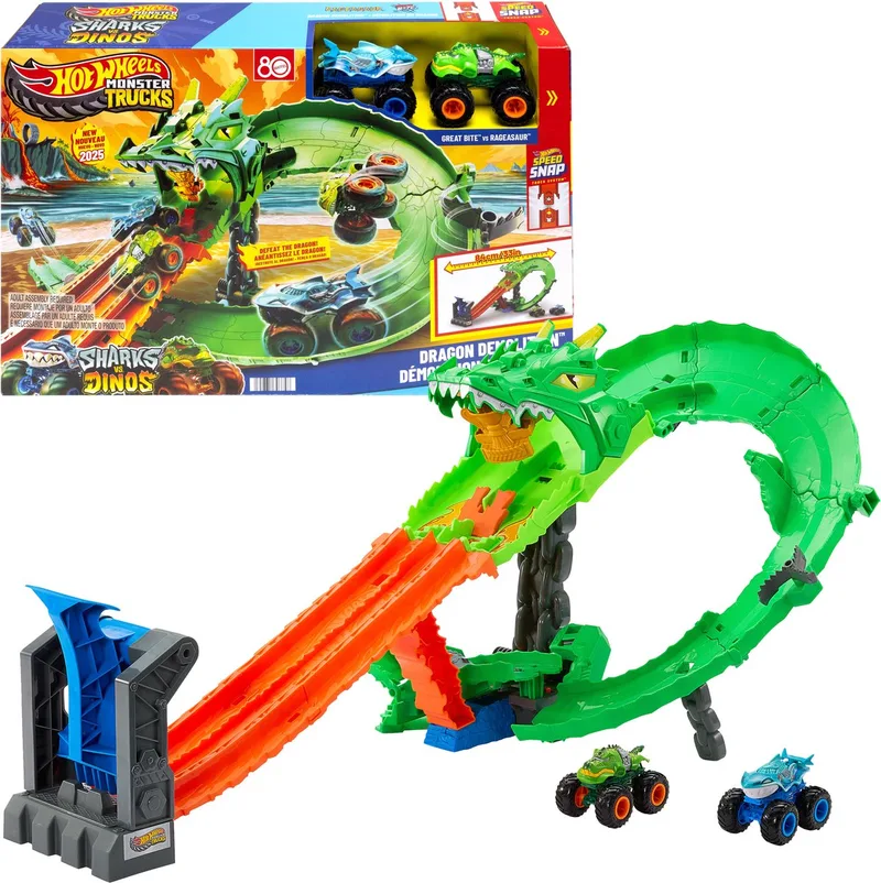 Monstertrucks - Haaien vs. Dino's Draak Vernietiging Speelset en 2 Speelgoedtrucks från Hot Wheels i Flerfärgad – produktbild