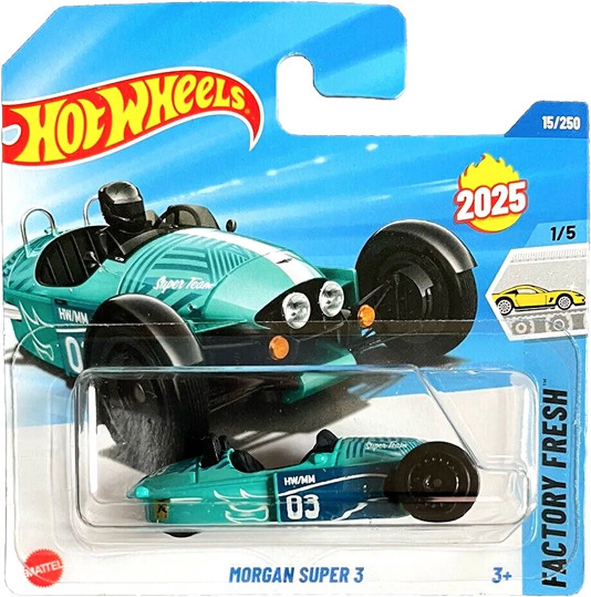 MORGAN SUPER 3 15/250 HW FACTORY FRESH 1/5 1:64 van Hot Wheels in Turquoise – productfoto