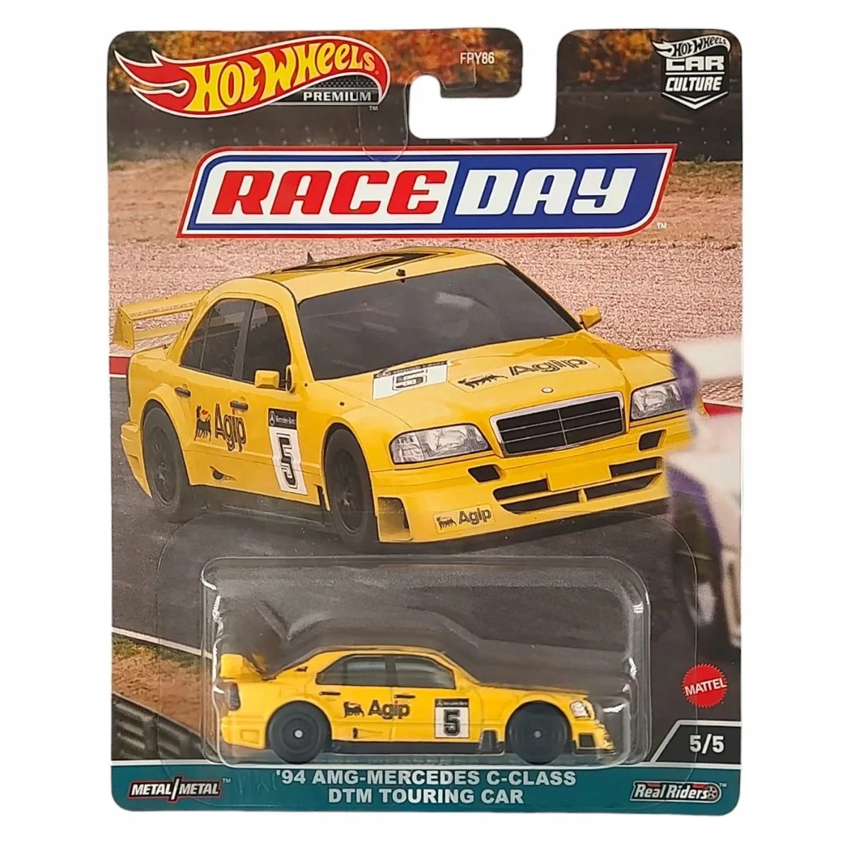 Premium '94 AMG-Mercedes C-Klasse DTM Race Auto 1:64 von Hot Wheels in Gelb – Produktfoto