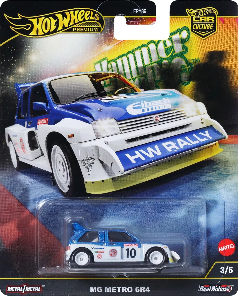 Premium Autocultuur 'Hammer Drop' '86 MG Metro 6R4, Schaal 1:64, Speelgoedauto voor Verzamelaars van Hot Wheels in Blauw, Wit – productfoto
