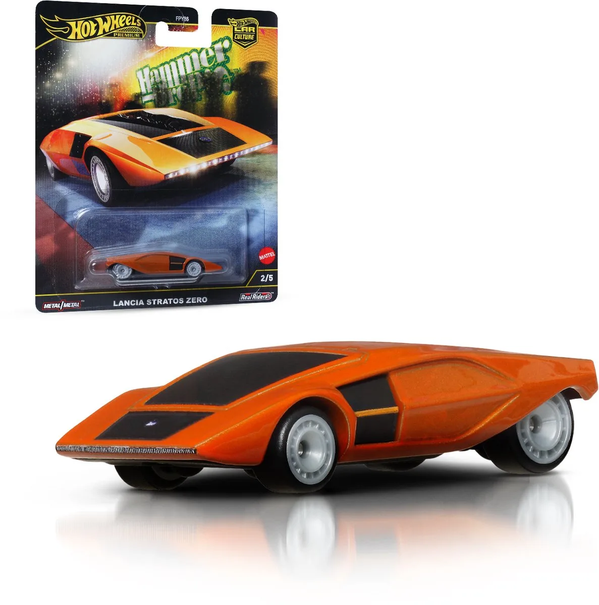Premium Autocultuur 'Hammer Drop' Lancia Stratos Zero, Schaal 1:64, Speelgoedauto voor Verzamelaars van Hot Wheels in Zwart, Oranje – productfoto