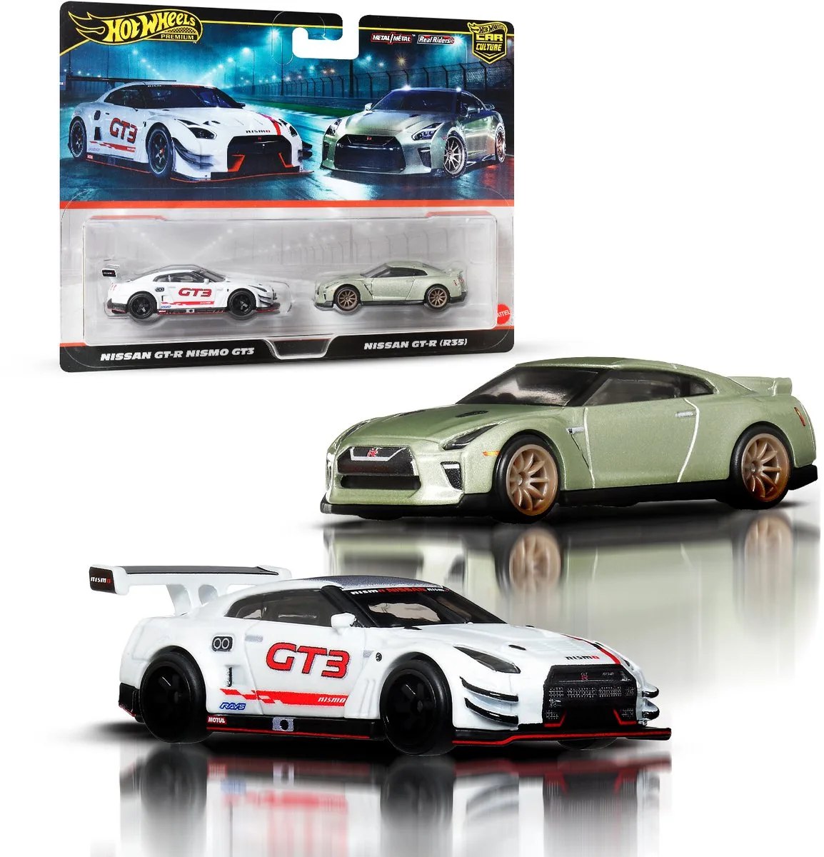 Premium Car Culture et Van 2 fra Hot Wheels i Nissan GT-R Nismo GT3 en Nissan GT-R R35 – produktbillede
