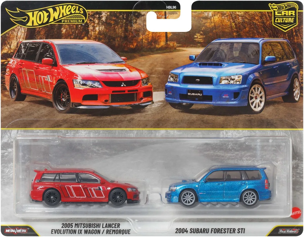 Premium Car culture Set van 2 - 2005 Mitsubishi Lancer Evolution IX Wagon & 2004 Subaru Forester STI fra Hot Wheels i 2005 Mitsubishi Lancer Evolution IX Wagon & 2004 Subaru Forester STI – produktbillede