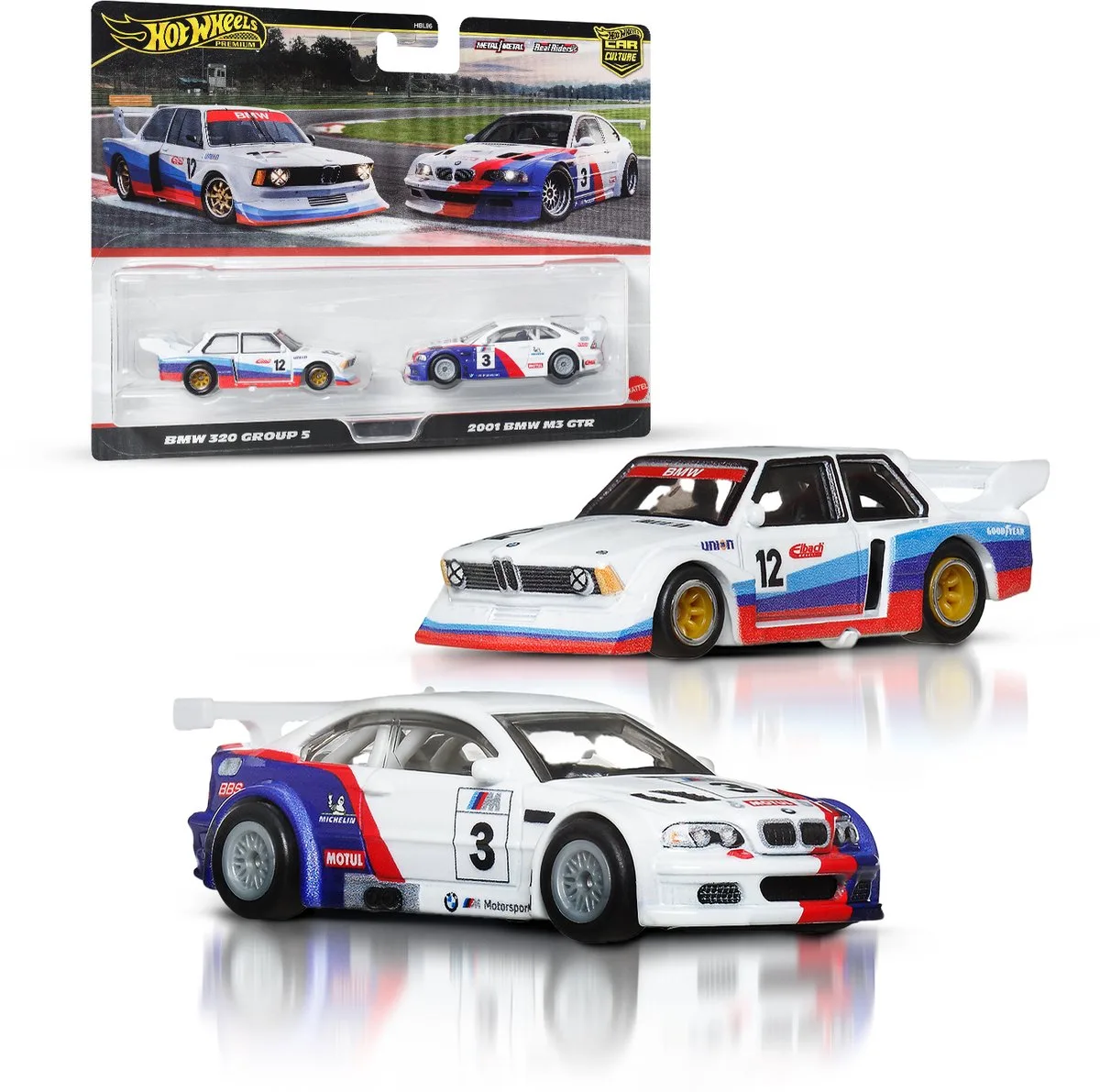 Premium Car Culture Set van 2 - BMW 320 en BMW M3 GTR van Hot Wheels in BMW 320 en BMW M3 GTR – productfoto