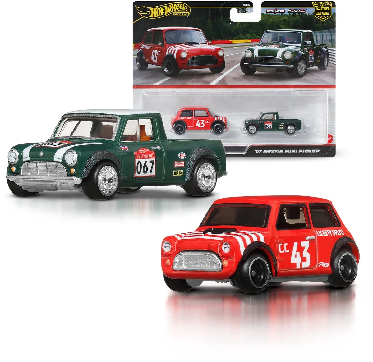 Premium Car Culture Set van 2 - Morris Mini en '67 Austin mini pickup van Hot Wheels in Morris Mini en '67 Austin mini pickup – productfoto