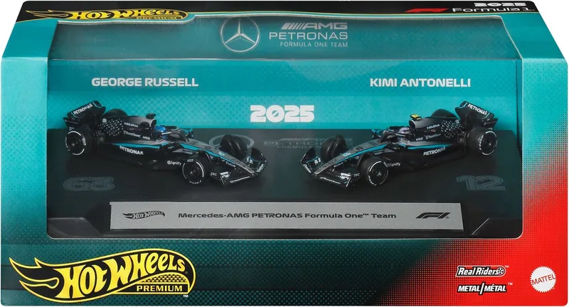 Premium Formula 1 set van 2 - AMG PETRONAS Formula 1 Team George Russell en Kimi Antonelli by Hot Wheels in AMG PETRONAS Formula 1 Team George Russell en Kimi Antonelli – product photo