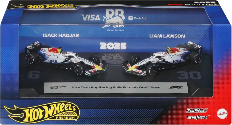 Premium Formula 1 set van 2 - Visa Cash App Racing Bulls Formula 1 Team met Lawson en Hadjar van Hot Wheels in Visa Cash App Racing Bulls Formula 1 Team met Lawson en Hadjar – productfoto
