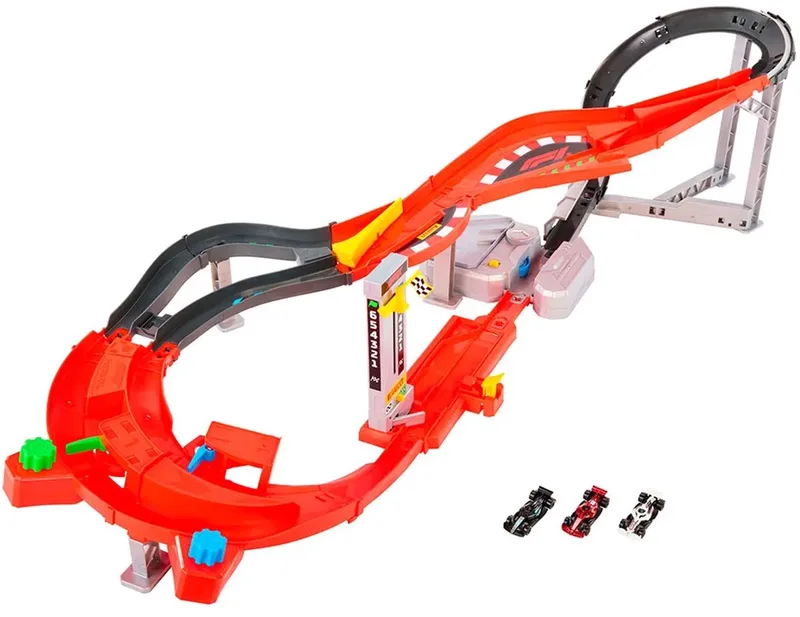 Racing Formula 1 Downhill Circuit Race baanset met 3 metalen F1-auto's de Hot Wheels en Multicolore – photo du produit