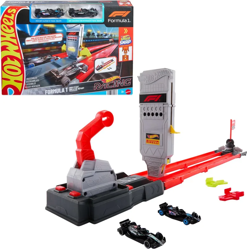 Racing Formula 1 en 2 metalen F1 auto's van Hot Wheels in Startplaats Baanset – productfoto