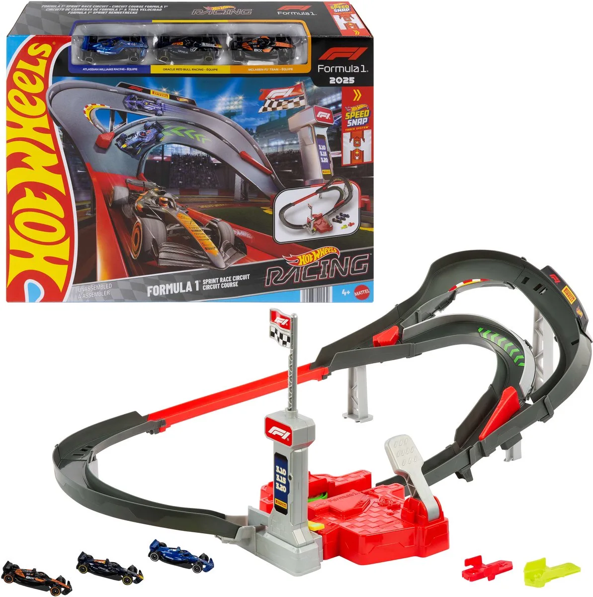 Autorennbahn Racing Formel-1-Rennstrecke-Trackset, mit 3 Die-Cast-Spielzeugautos im Maßstab 1:64 von Hot Wheels in Mehrfarbig – Produktfoto