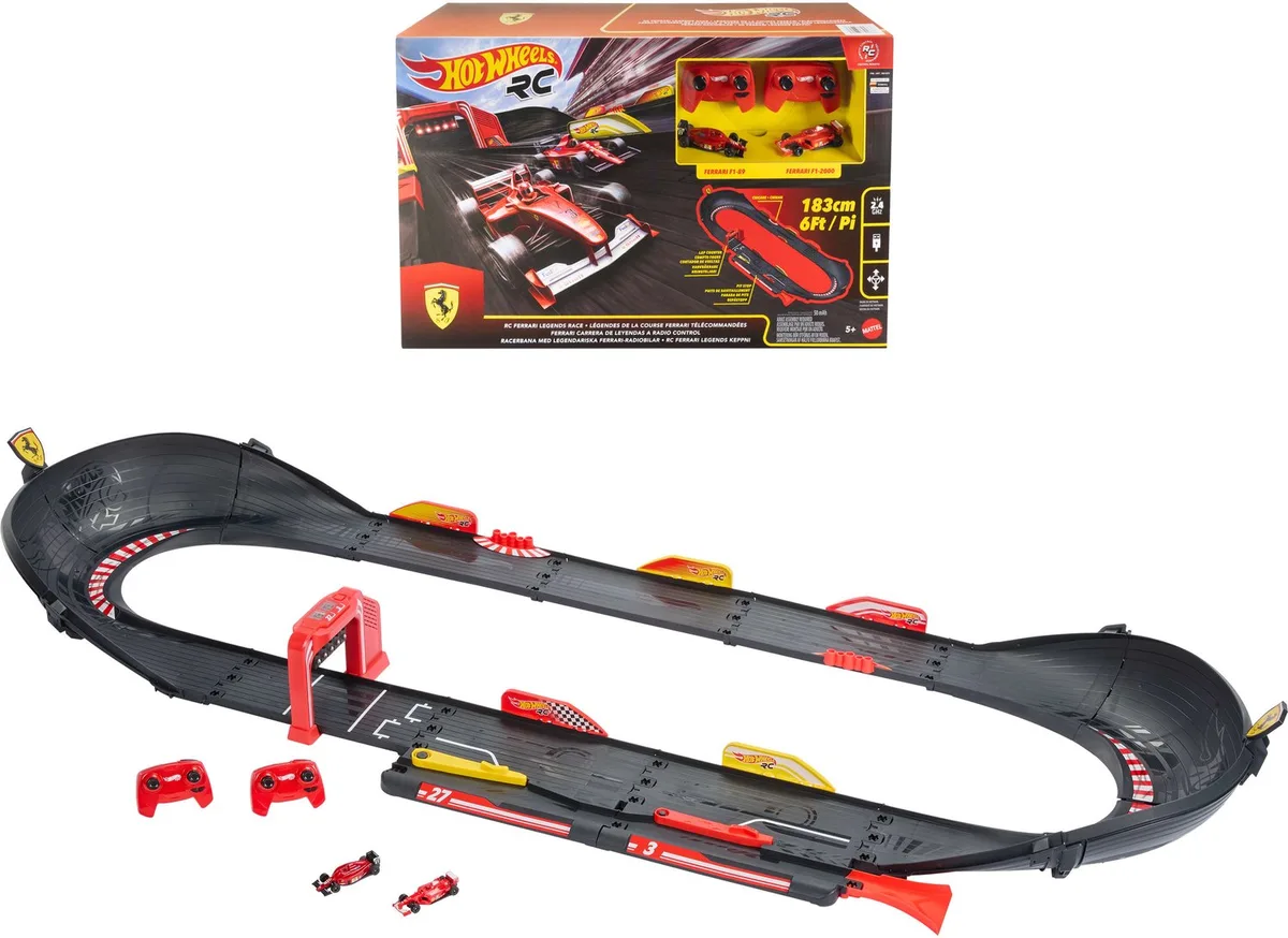 RC Ferrari Legends-racecircuit - Met 2 op afstand bestuurbare auto’s op schaal 1:64 de Hot Wheels en Rouge – photo du produit