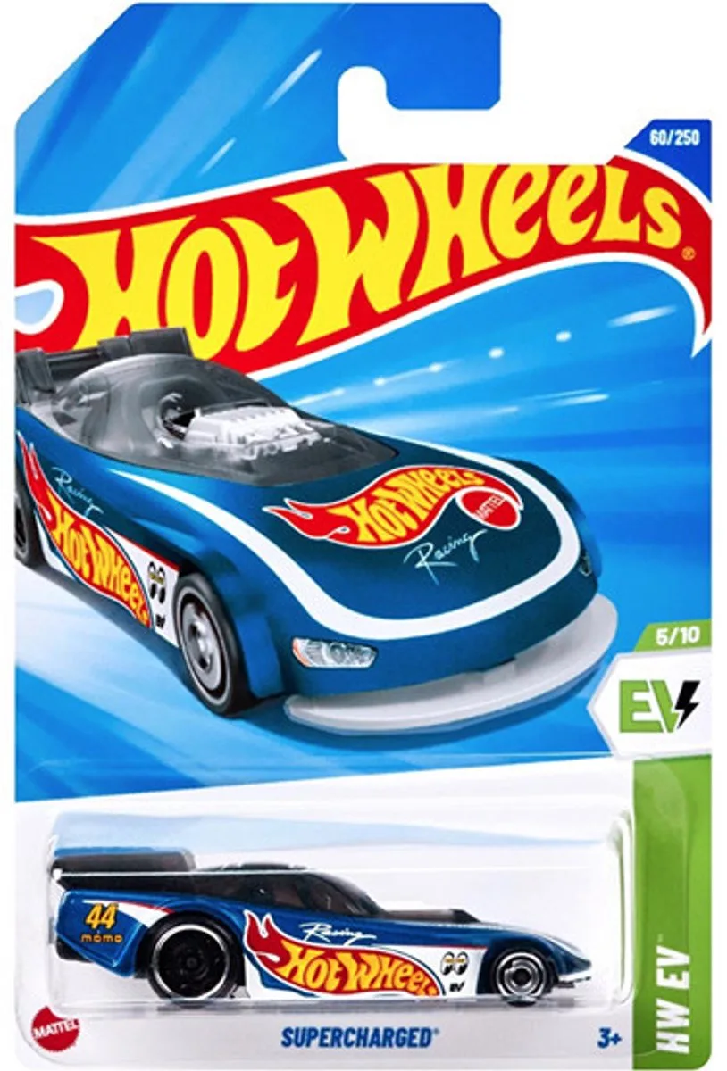 SUPERCHARGED 60/250 BLUE/BLACK 2025 1:64 HW EV 5/10 LONG CARD by Hot Wheels in Blue black – product photo