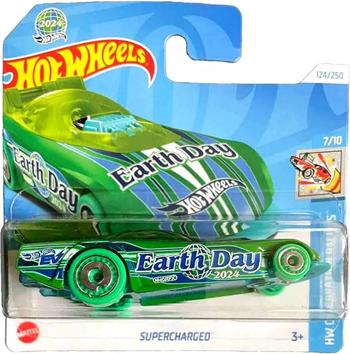 SUPERCHARGED EARTH DAY 2024 124/250 1:64 HW CELEBRATION RACERS 7/10 SHORT CARD 2024 by Hot Wheels in Green – product photo