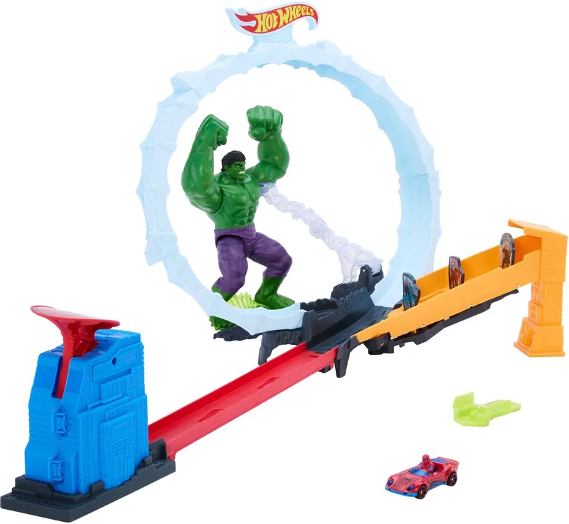 Superstar Speeders Spider-Man en Hulk Vermorzelen - Baanset met 1 metalen Spider-Man voertuig de Hot Wheels en Multicolore – photo du produit