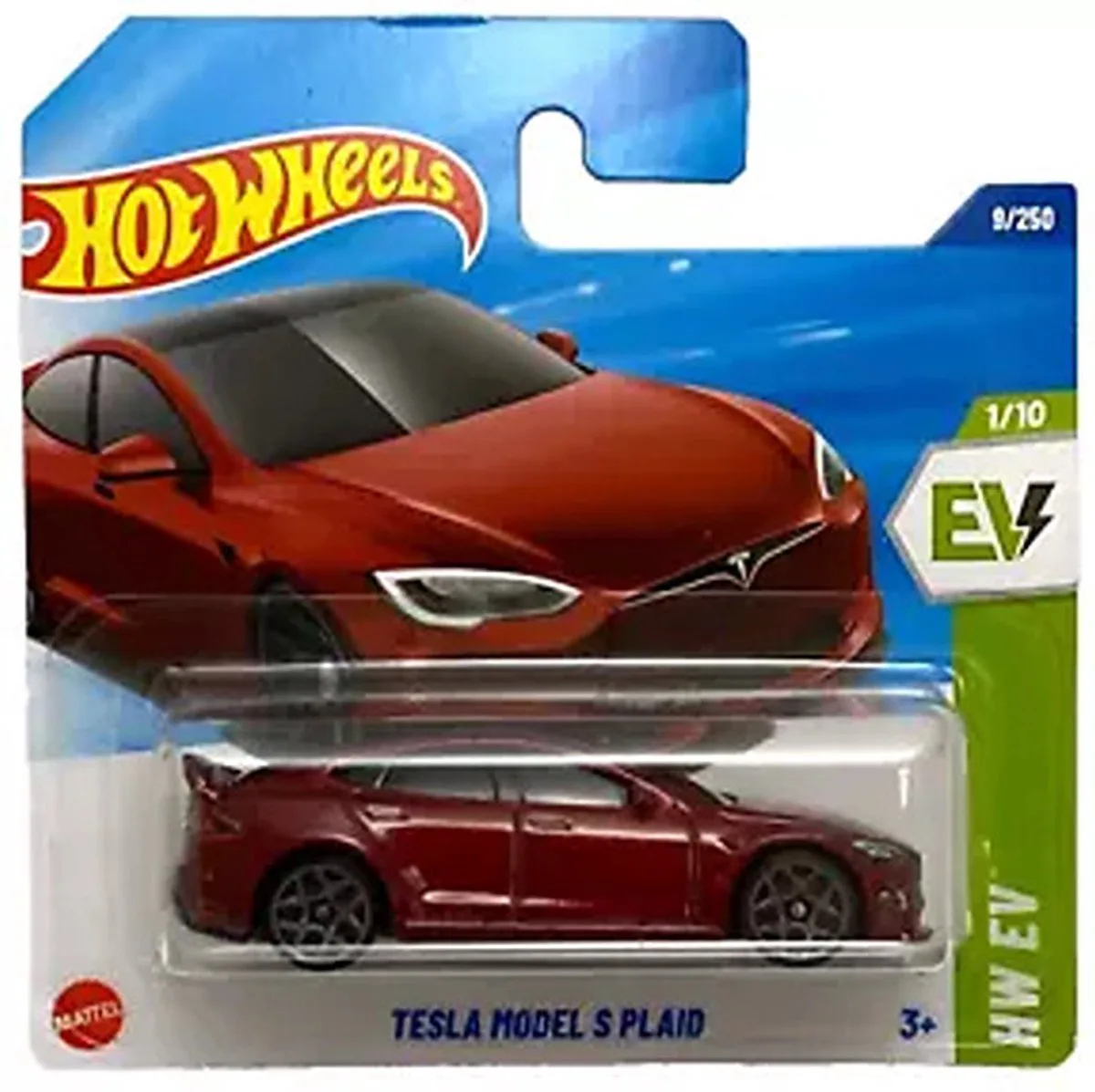TESLA MODEL S PLAID 9/250 HW EV 1/10 1:64 SHORT CARD van Hot Wheels in Rood – productfoto