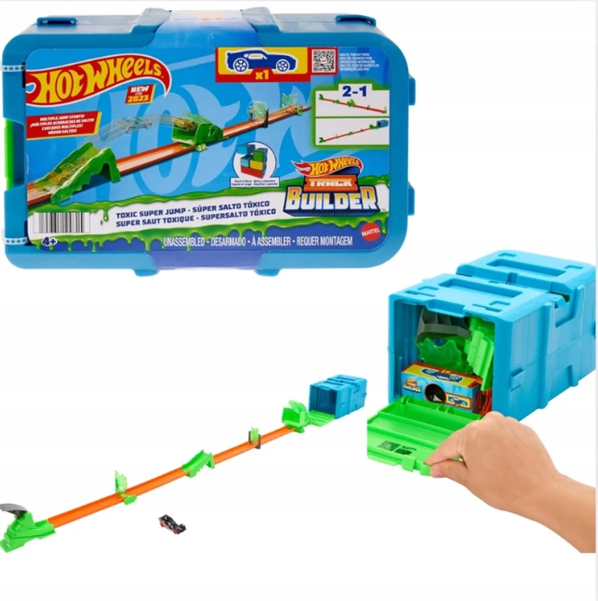 Track Builder Racebaan met Voertuig - Gift voor Kinderen van Hot Wheels in Blauw – productfoto
