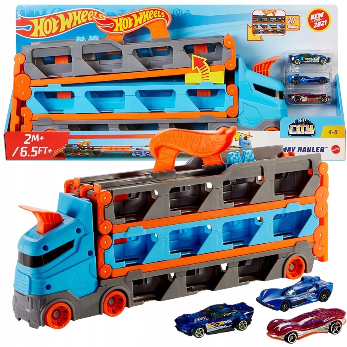 Transporter 2-in-1 Racebaanset met 3 Auto's van Hot Wheels in Blauw – productfoto