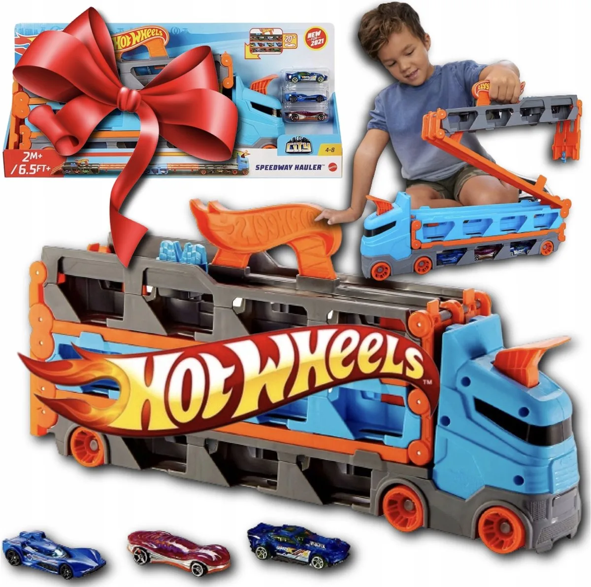 Transporter & Racebaan 2-in-1 met 3 Auto's van Hot Wheels in Meerkleurig – productfoto