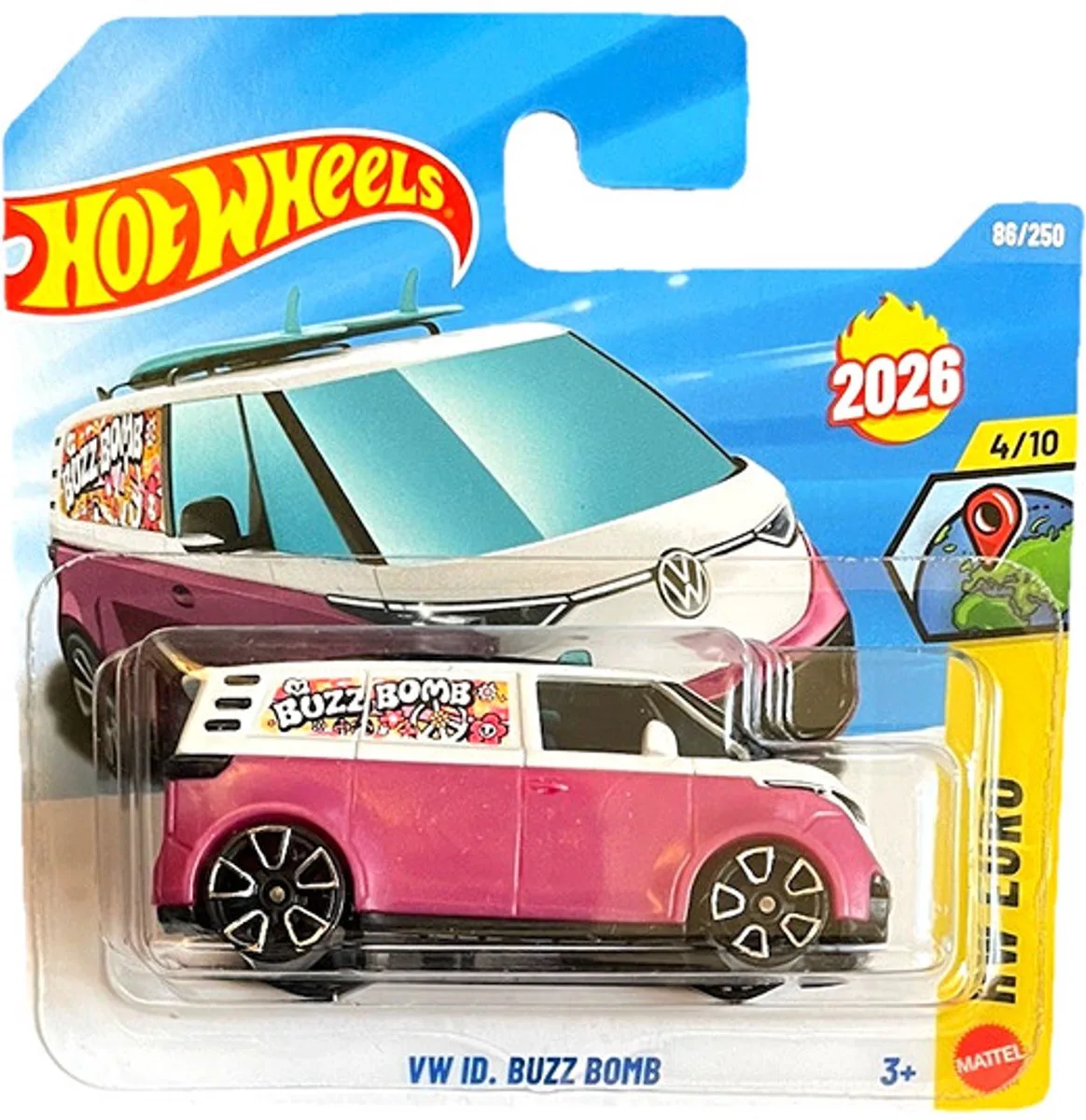 VW ID BUZZ BOMB PURPER WHITE TOP 86/250 HW EURO 4/10 SHORT CARD 2026 de Hot Wheels en Pink white top – photo du produit