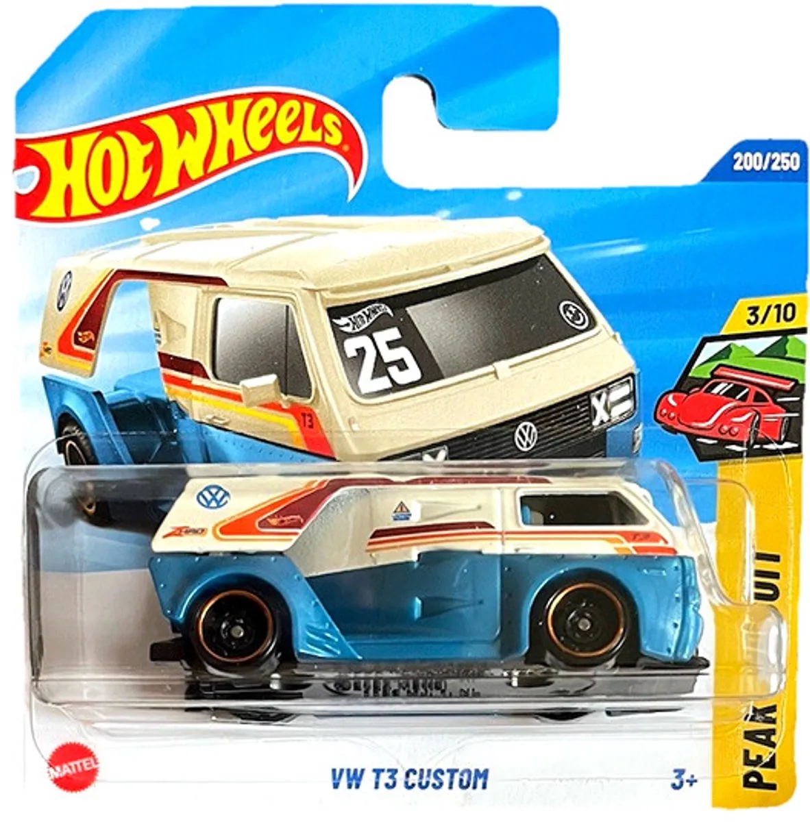 VW T3 CUSTOM 25 BLUE WHITE 200/250 HW PEAK PURSUIT 3/10 SHORT CARD 2025 von Hot Wheels in Blue whte – Produktfoto