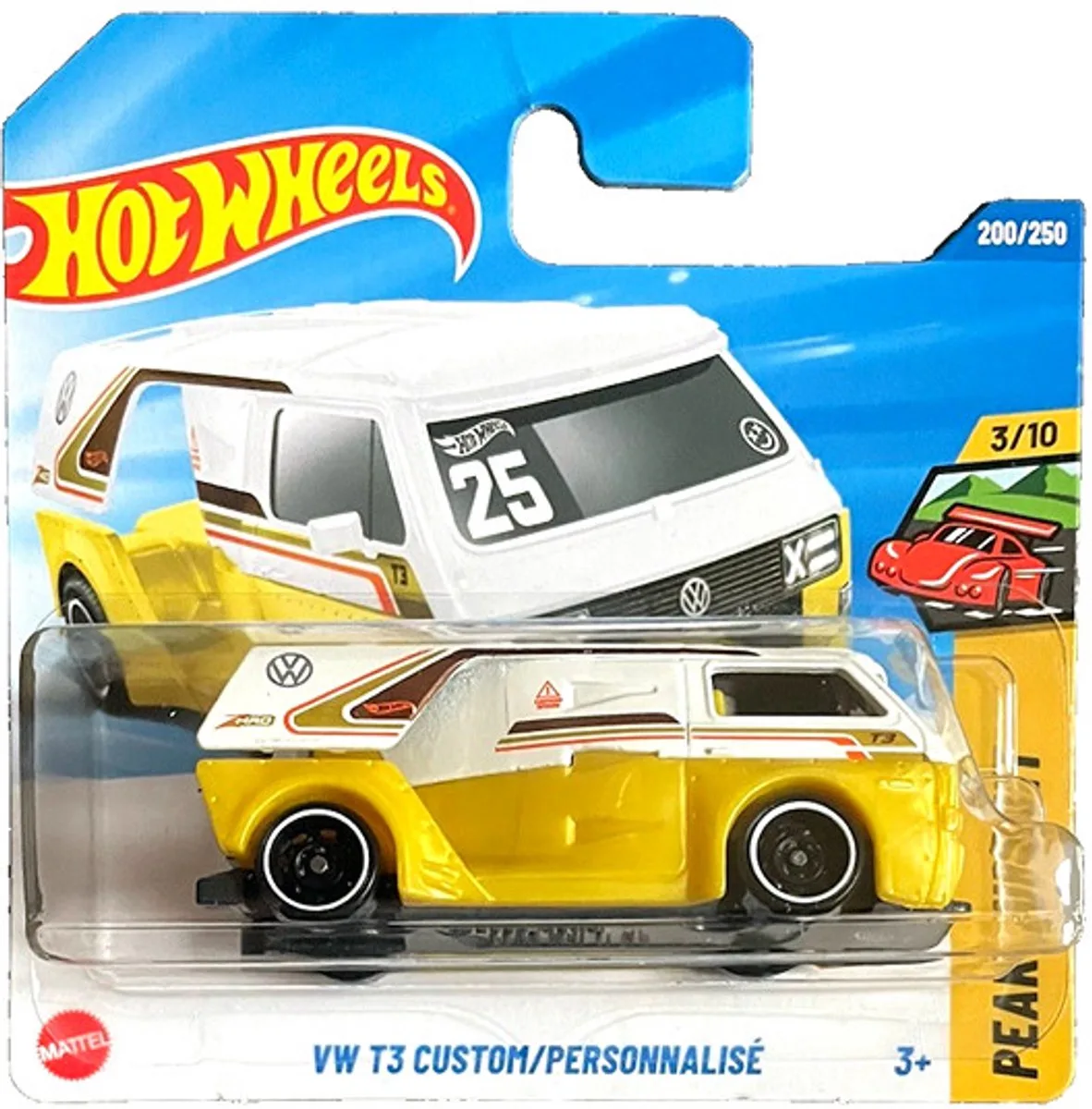 VW T3 CUSTOM BUS 200/250 1:64 5/250 HW PEAK PURSUIT 3/10 SHORT CARD de Hot Wheels en White yellow metalic – photo du produit