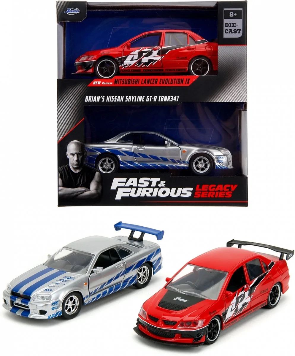 Fast and Furious duo pack 1:32 Mitsubishi Lancer Evo + Nissan Skyline R34 GTR van Jada Toys in Rood, Zilver – productfoto