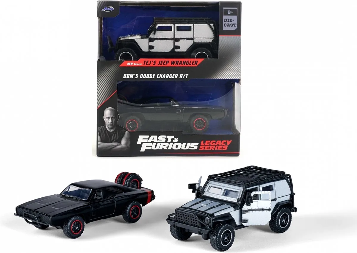 Fast and Furious duo pack modelauto 1:32 Jeep Wrangler + Dodge Charger Off Road van Jada Toys in Zwart, Wit – productfoto