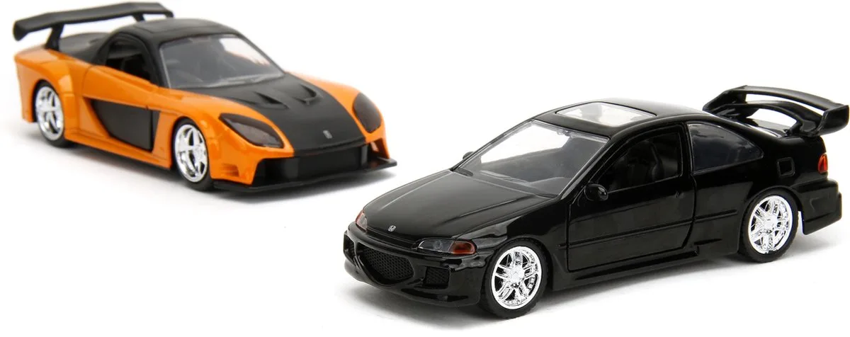 Fast and furious modelauto's 1:32 duo pack Honda Civic + Mazda RX7 van Jada Toys in Zwart, Oranje – productfoto