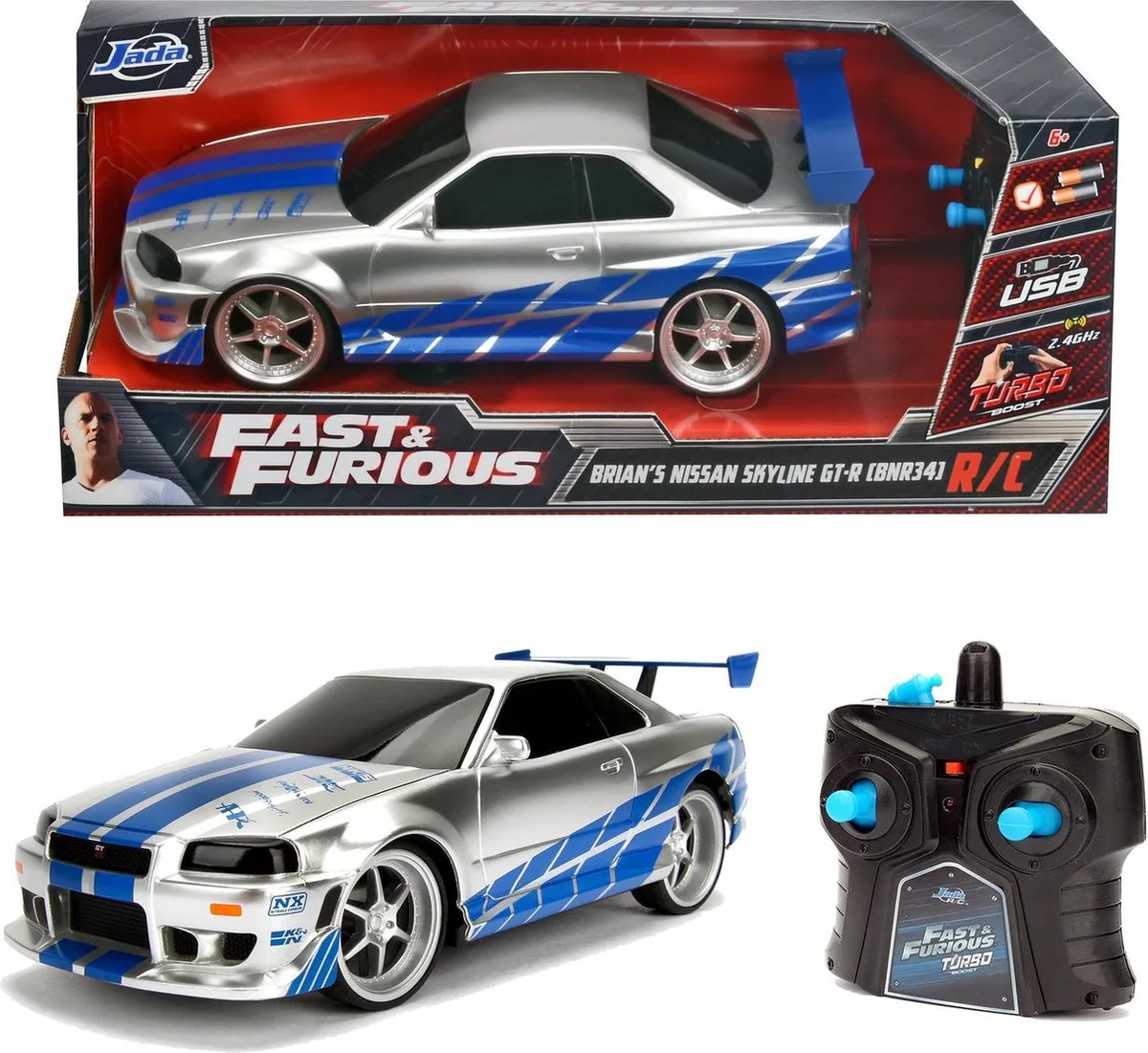 Fast & Furious - RC 1:16 - 2 4GHz - Vanaf 8 jaar - Bestuurbare auto van Jada Toys in Nissan Skyline GTR – productfoto