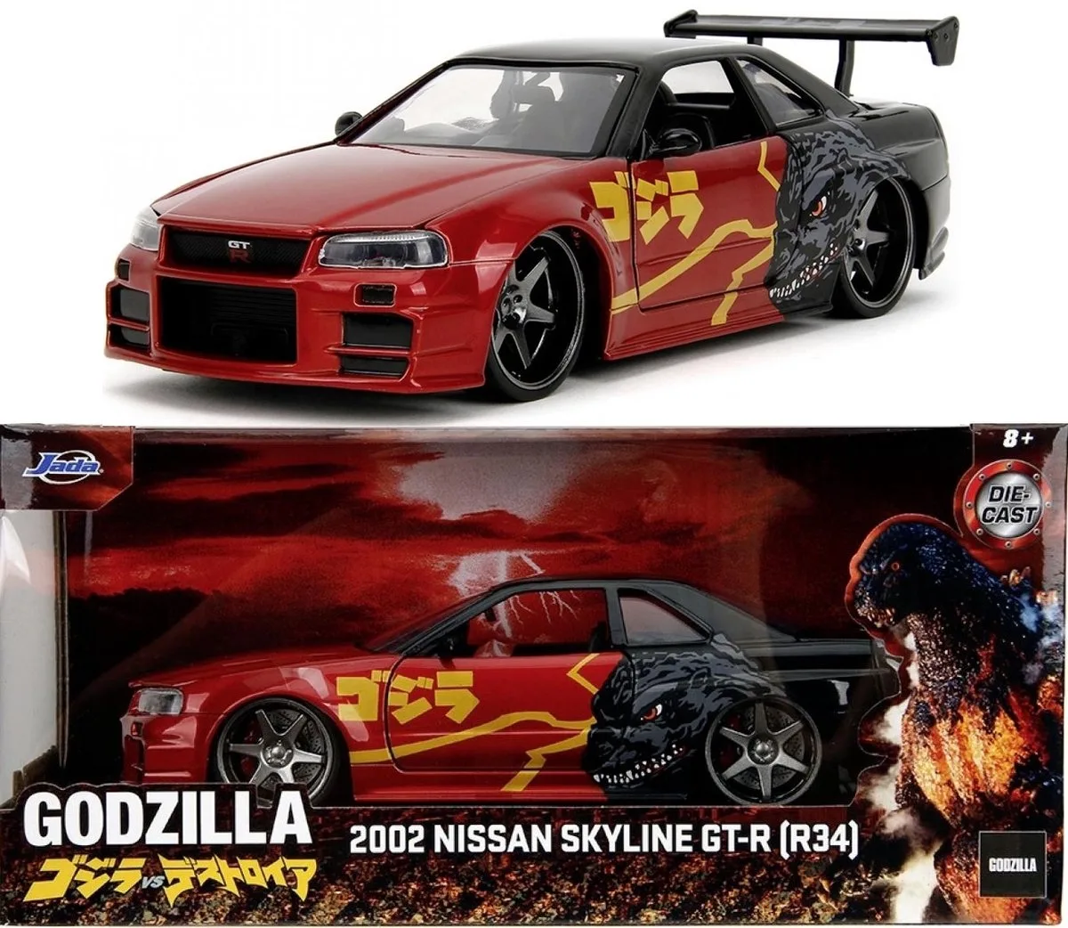 NISSAN Skyline GT-R R34 2002 Godzilla model JADA 1:24 van Jada Toys in Rood, Zwart – productfoto