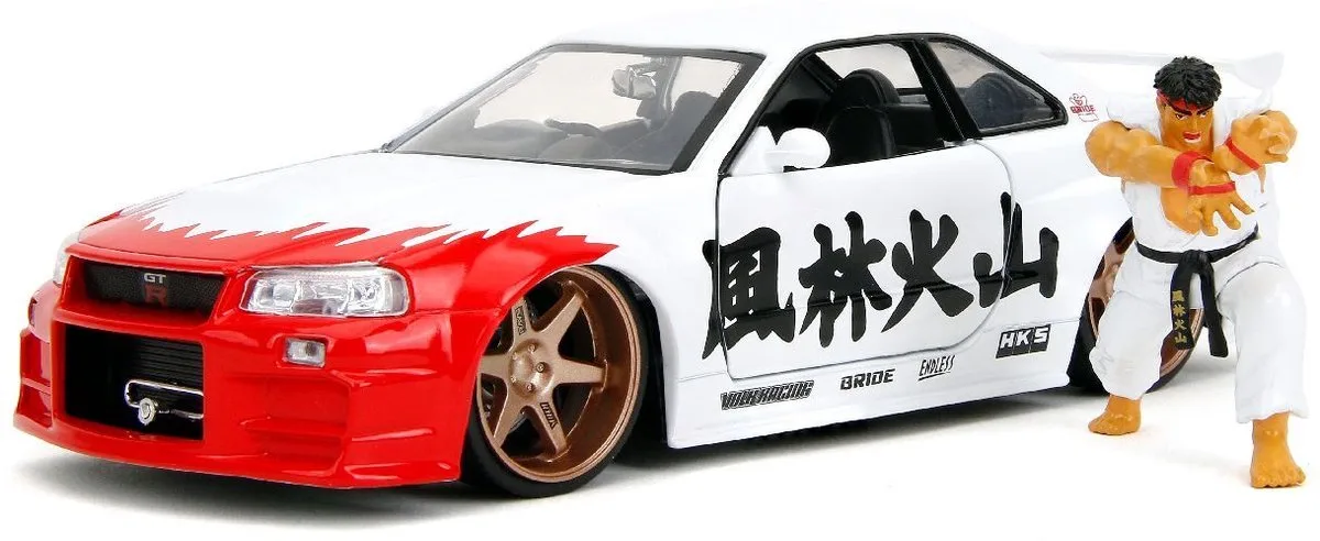 Nissan Skyline GT-R R34 2002 Street Fighter Ryu fra Jada Toys i Hvid – produktbillede