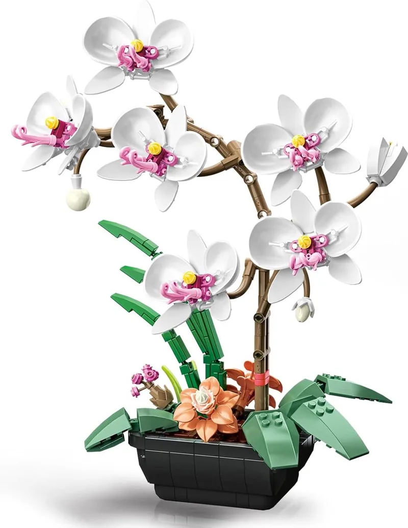 Bloemenboeket orchidee wit | Botanical bloemenpracht bloemenvaas | Classic Creator STEM speelgoed bonsai bloemen mega bouwpakket compatibel met lego mould king mega | Icons modelbouw volwassenen & kinderen | Kunstbloemen | 581 bloks van Jaki in Orchidee wit, 581 bouwblokken – productfoto