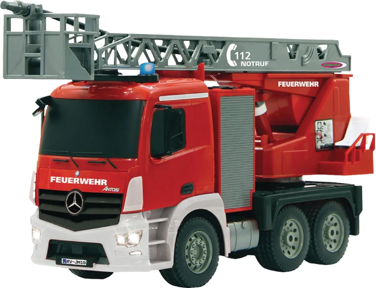 RC voertuig Auto - 404960 RC Ladder Brandweerwagen Mercedes-Benz Antos met Spuitfunctie - 2,4GHz RC Model Kant en Klaar - 1:20 Bestuurbare Auto van Jamara in Rood – productfoto