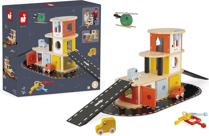 Bolid - Houten garage met sleutelkastje- Auto's en helikopter by Janod – product photo