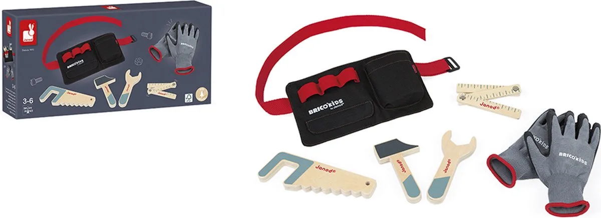 Brico'kids - DIY Gereedschapsriem Met Houten Gereedschap En Handschoenen - Essentieel Accessoire Voor De Kleine Doe-Het-Zelver - Geschikt Vanaf 3 Jaar by Janod in Grey – product photo