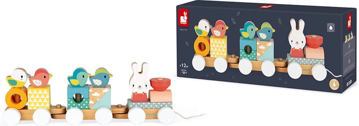 Houten blokken trektrein van Janod in Pure – productfoto
