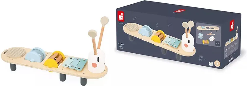 Sweet Cocoon - Muziektafel Rups - 5 Geluidsactiviteiten Om Melodietjes Te Creëren - Met 3 Afneembare Rammelaars - Geschikt Vanaf 12 Maanden by Janod in Multicolour – product photo