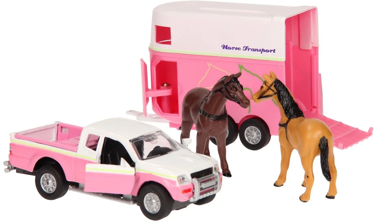 Die-cast Auto met Paardentrailer 1:32 van Kids Globe in Roze – productfoto