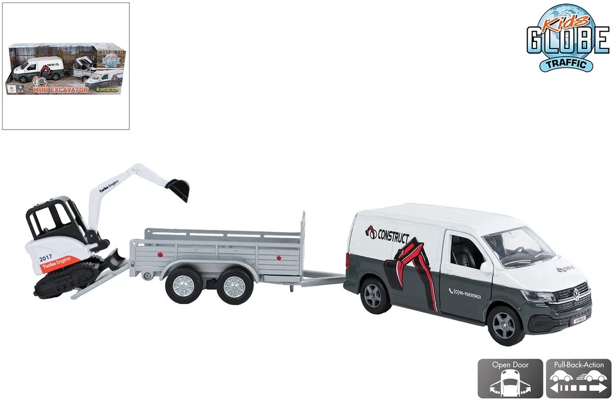 Die Cast Pull Back VW Transporter met Minigraver van Kids Globe in Meerkleurig – productfoto