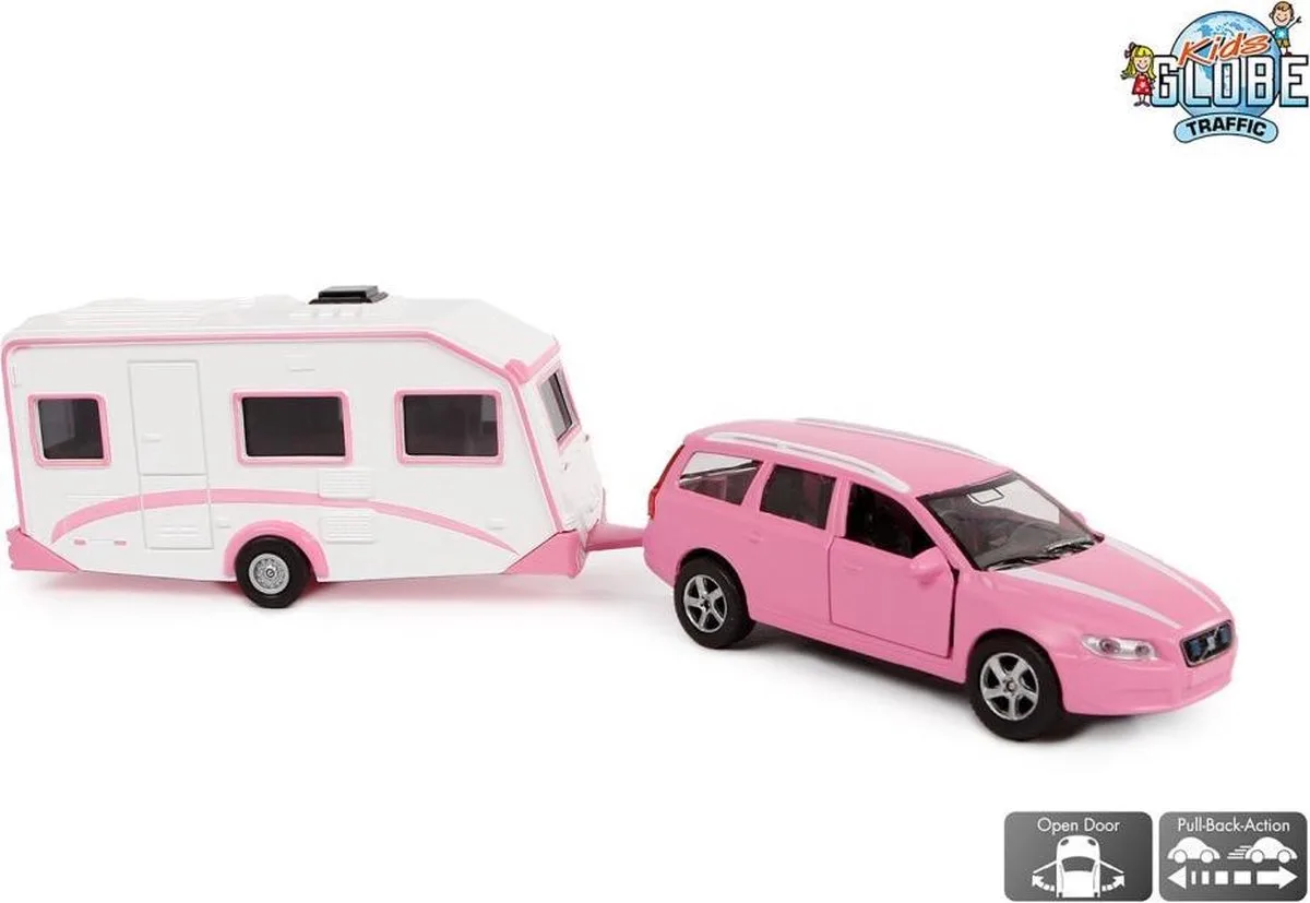 Die-cast Volvo V70 met Caravan - 30cm by Kids Globe in Pink – product photo