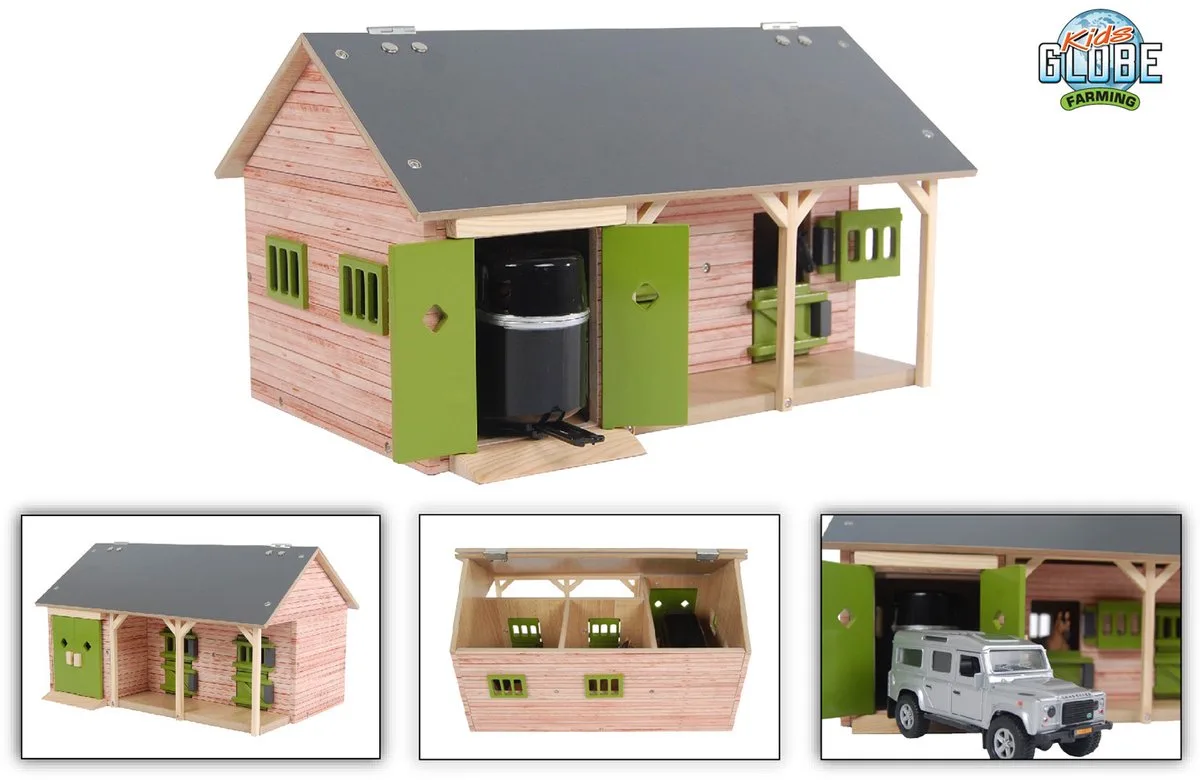 Paardenstal met 2 Boxen en Berging 1:32 van Kids Globe in Meerkleurig – productfoto