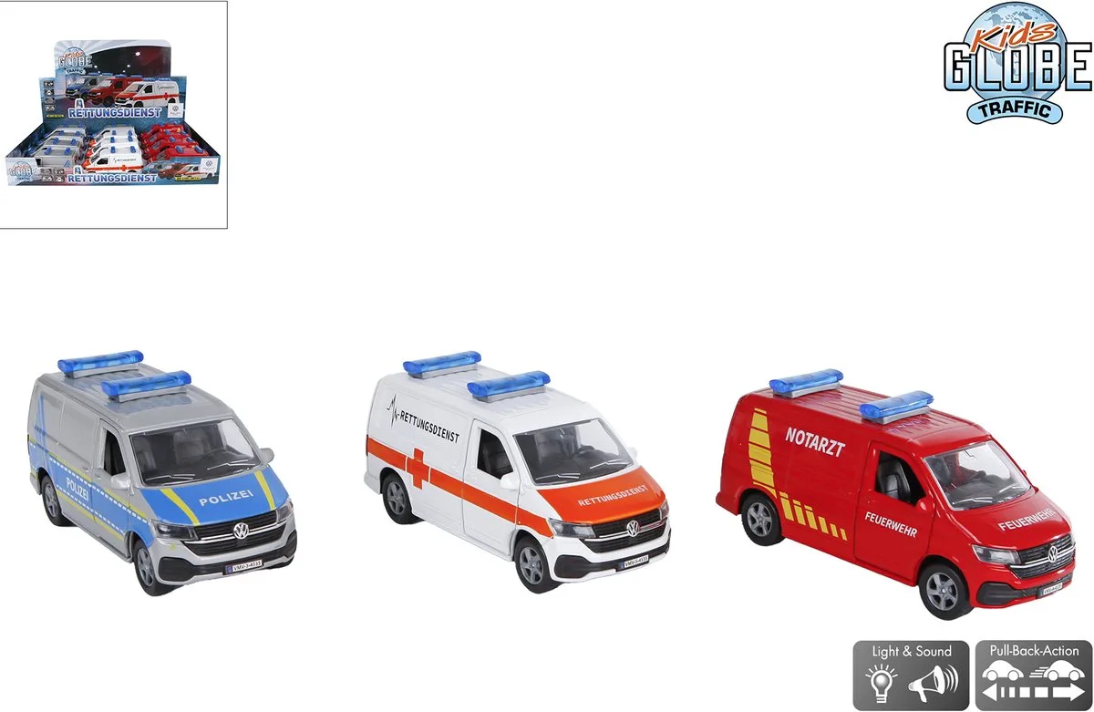 speelgoed auto politiewagen Polizei Schaalmodel Die cast licht geluid 13,5cm Kids Globe Volkswagen Transporter hulpdienst 112 från Kids Globe i Flerfärgad – produktbild