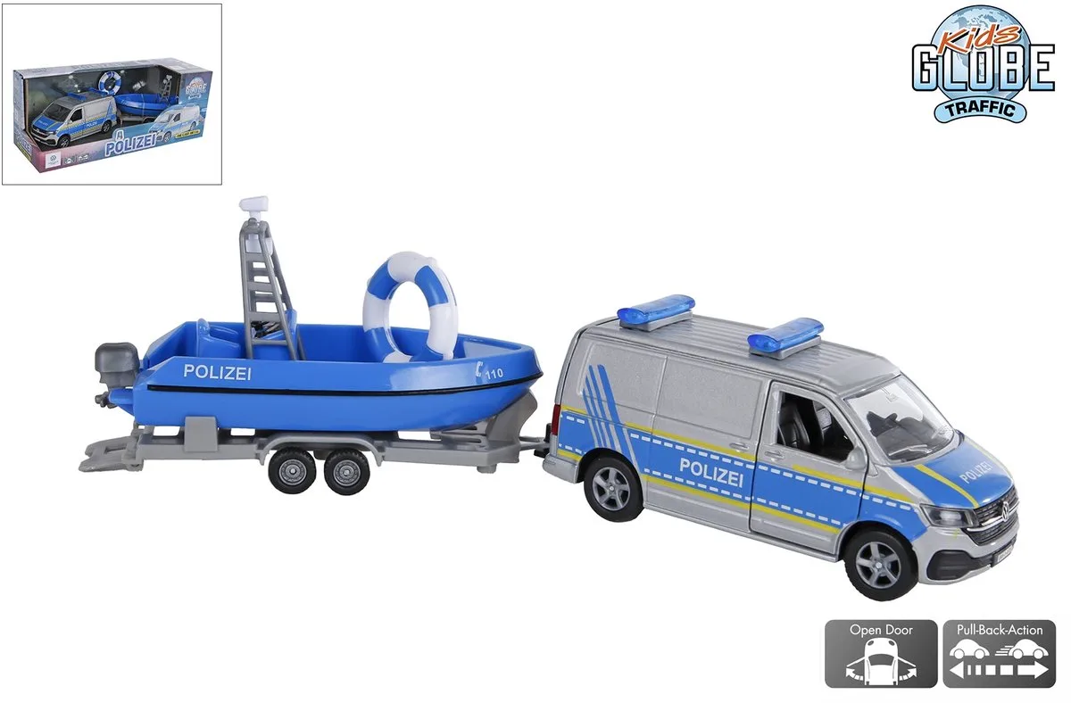 Volkswagen Transporter politie speelgoedauto met boot 29cm. van Kids Globe in Meerkleurig – productfoto