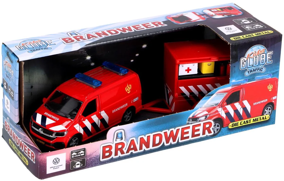 VW Transporter Brandweer met Aanhangwagen von Kids Globe in Rot – Produktfoto