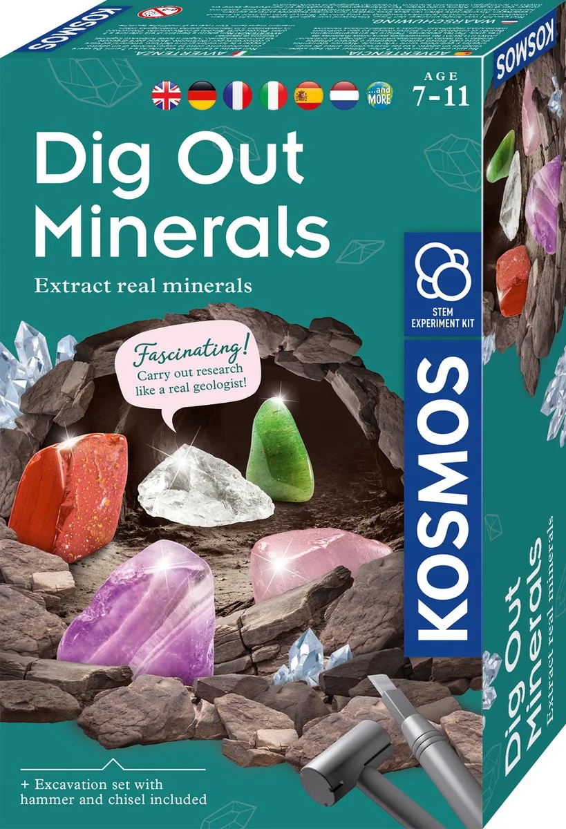 Dig Out Minerals - Opgravingsset - Graaf Echte Mineralen Op - Inclusief Bergkristal, Amethist, Rozenkwarts, Aventurijn en Rode Jaspis - STEM Speelgoed - Vanaf 7 Jaar från KOSMOS i Dig Out – Minerals – produktbild