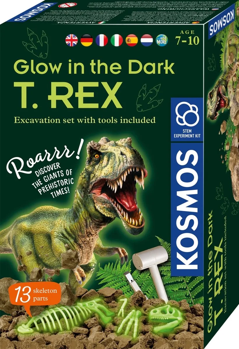 Dig Out T-Rex Glow in the Dark – Experimenteerset – Graaf een prehistorisch skelet op en laat het oplichten – Inclusief 13 botdelen, hamer en beitel – T-Rex uitgraven by KOSMOS in Dig Out – T-Rex Glow in the Dark I – product photo