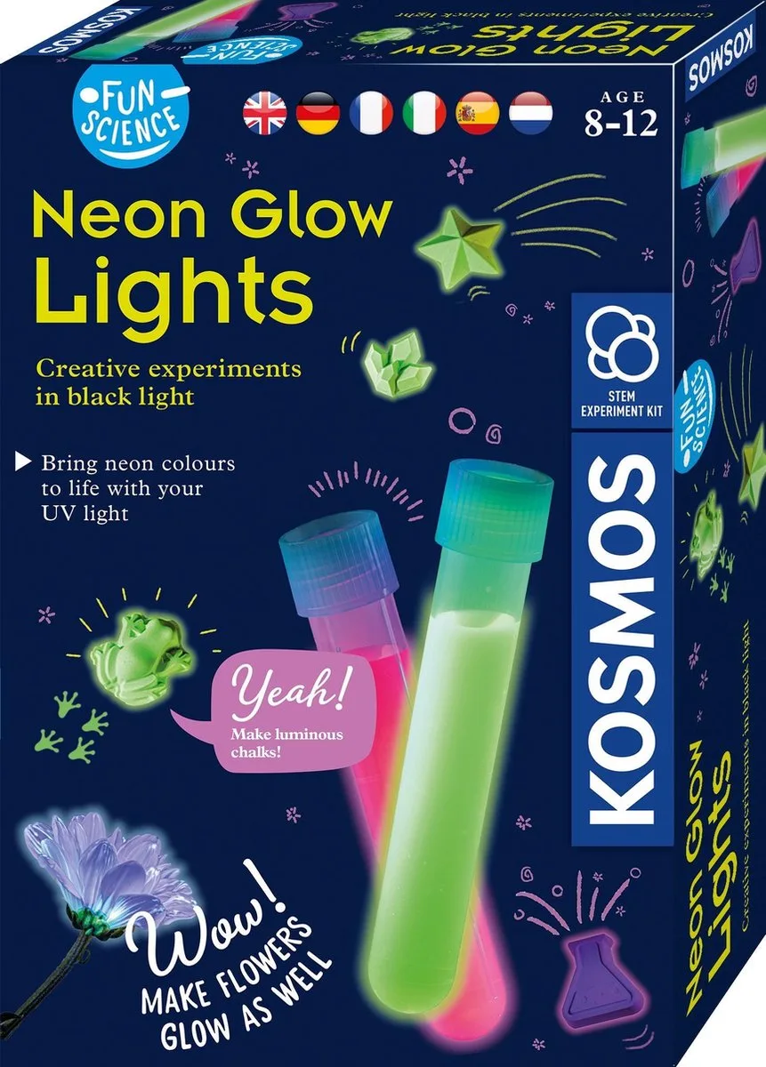 Experimente met UV-Licht - Maak Neonverf, Gipsfiguren en Lichtgevende Kunstwerken - Inclusief UV-Lamp - Creatieve STEM Experimenteerset - Vanaf 8 Jaar de KOSMOS en Neon Glow Lights – photo du produit