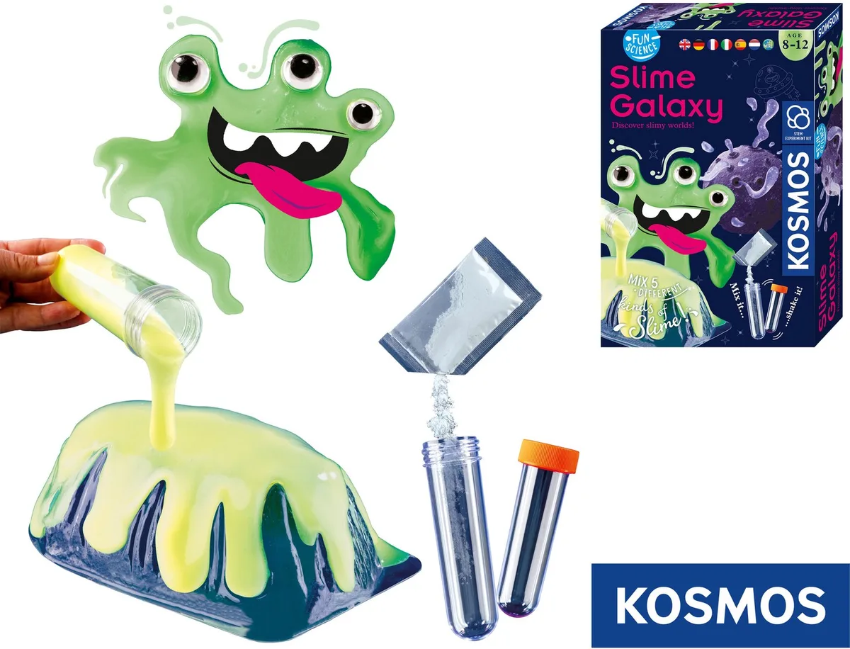 Experimenteerset - Maak Zelf Glow in the Dark Slijm - 6 Ruimte-experimenten met Glitter, Ogen en Slime Alien - STEM Speelgoed - Vanaf 8 Jaar van KOSMOS in Slime Galaxy – productfoto